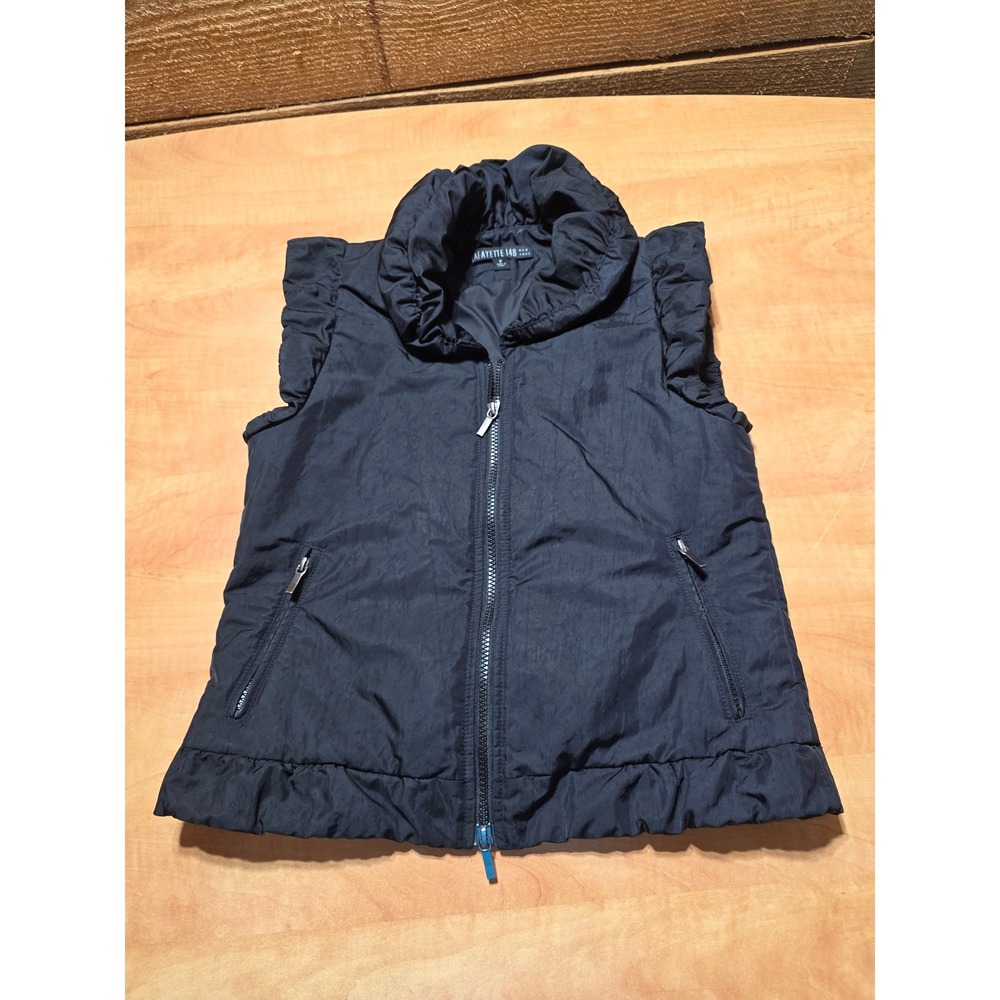 Lafayette 148 New York Womens Black Ruffle Trim Puffer Vest Petite P Funnel Neck